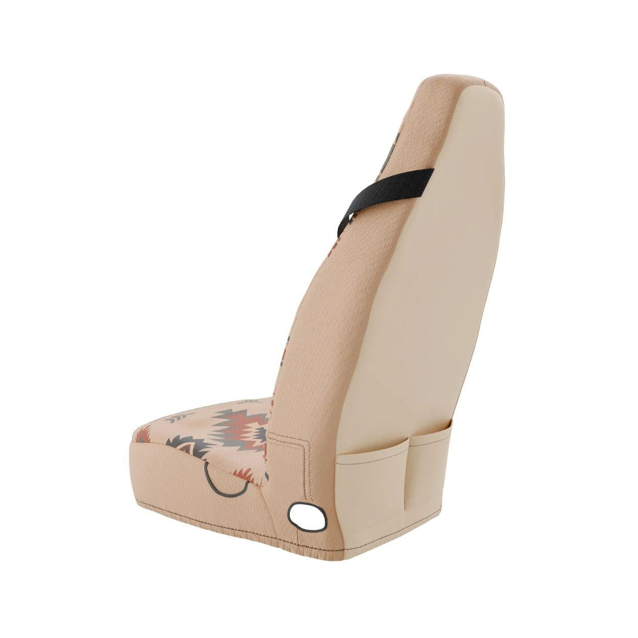 Indigo seat belt sleeve close-up — cream and blue Aztec pattern by Solara Covers