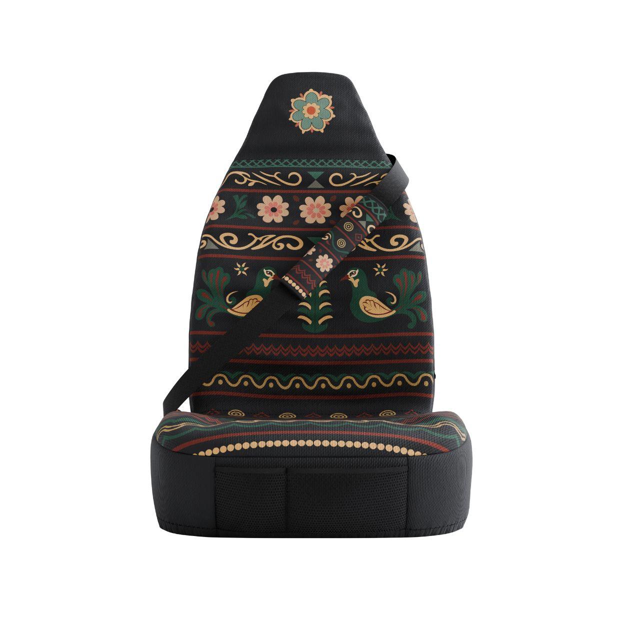 Indira seat belt sleeves styled in vehicle interior — black folk floral with deer motifs padded comfort | Solara Covers