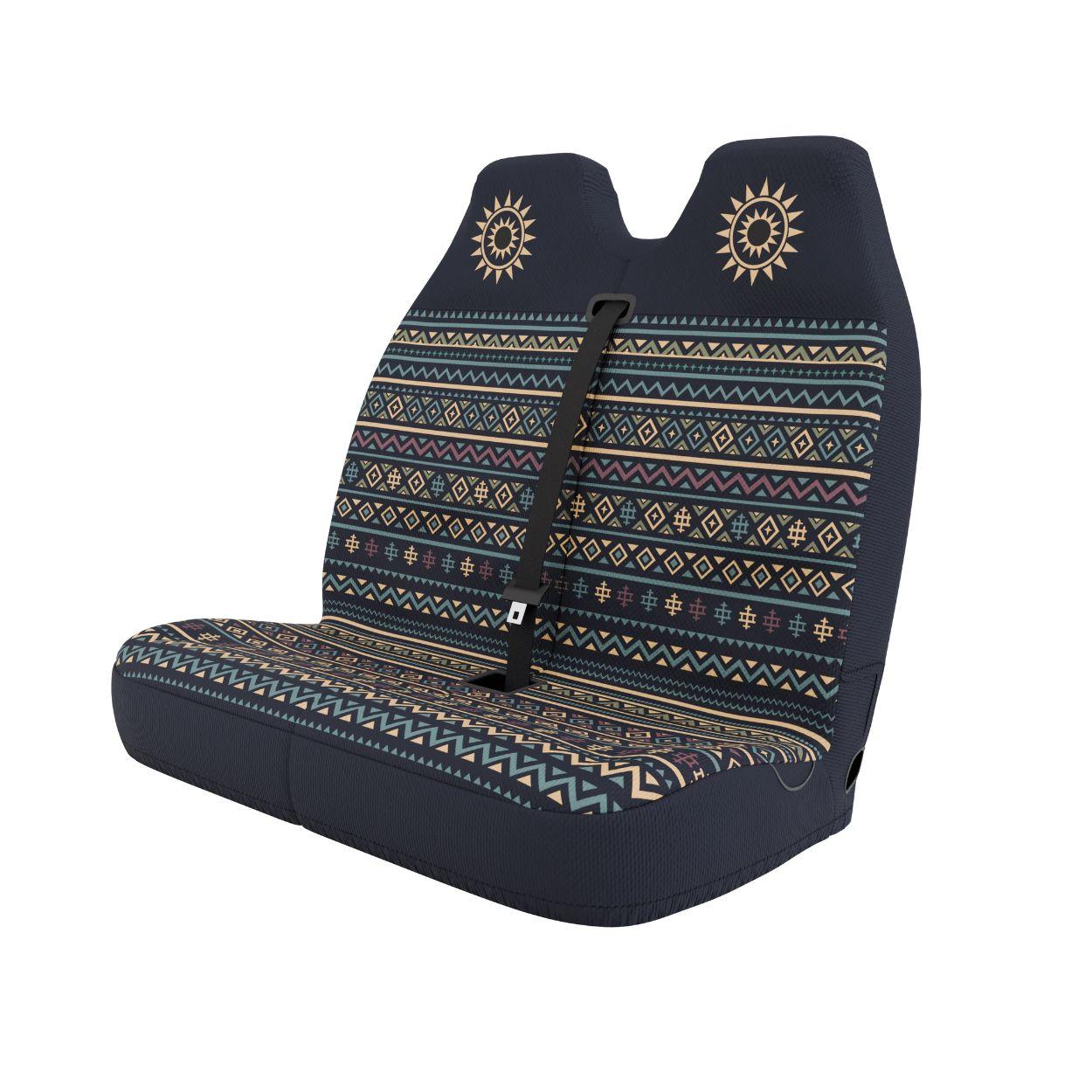Lima double front cover styled in van interior — navy and orange bench seat protection | Solara Covers