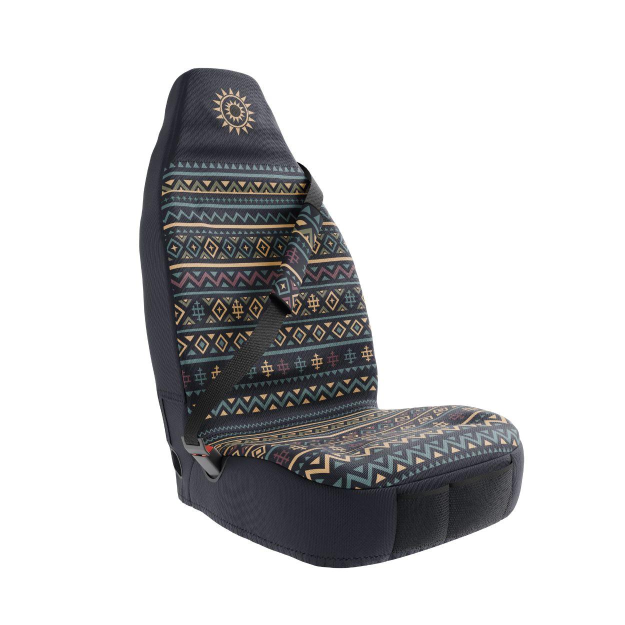 Lima padded seat belt covers by Solara Covers for cars, vans and SUVs — waterproof navy and orange design