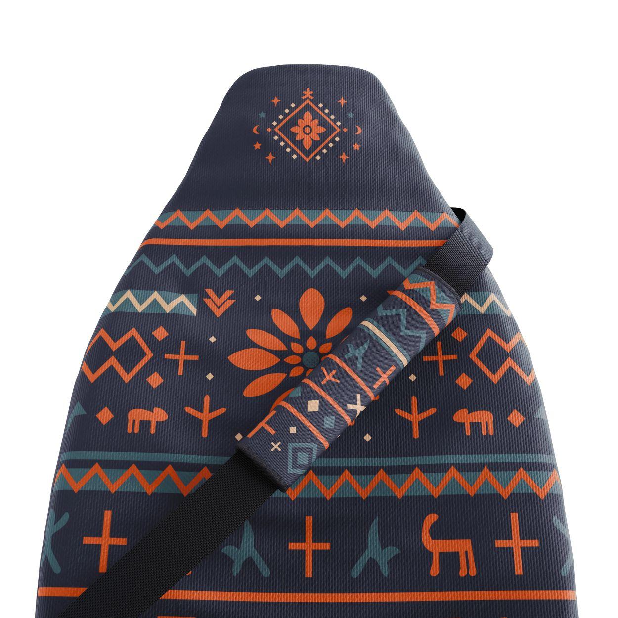Mana seat belt covers pair installed in van — navy folk print with deer motifs padded sleeves | Solara Covers