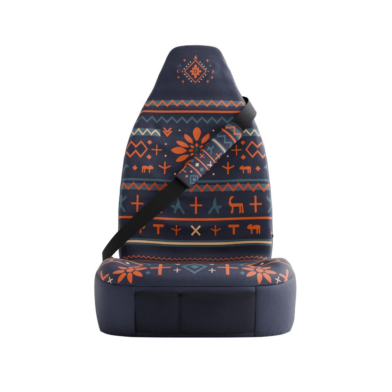 Mana seat belt sleeves styled in vehicle interior — navy folk print with deer motifs padded comfort | Solara Covers