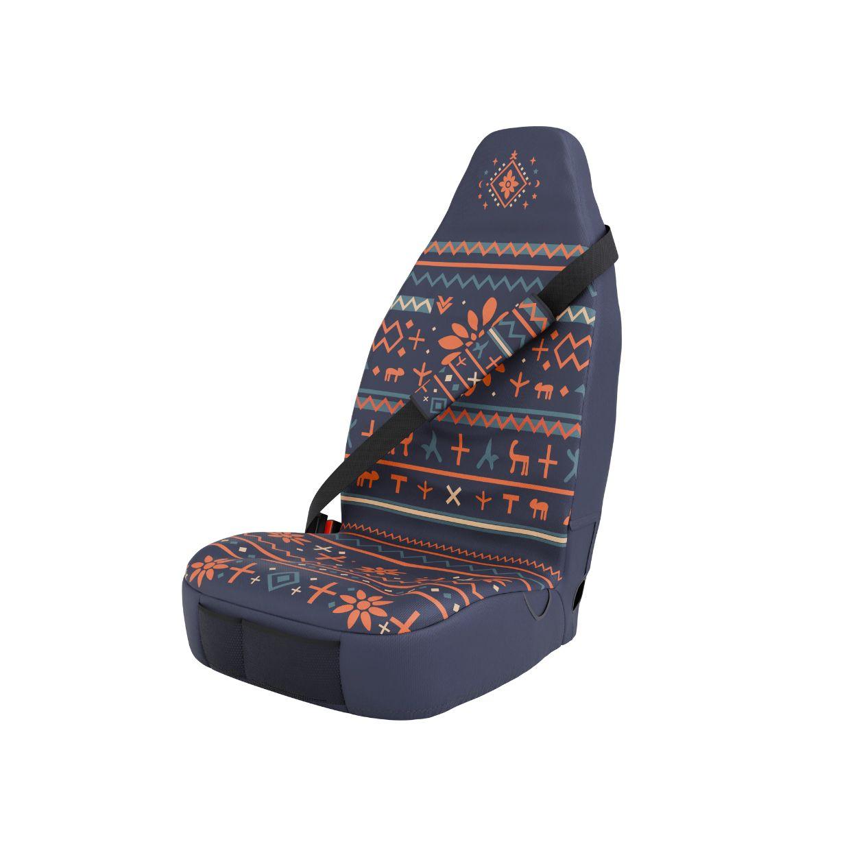 Mana padded seat belt covers (pair) by Solara Covers — navy folk print with deer motifs, machine washable