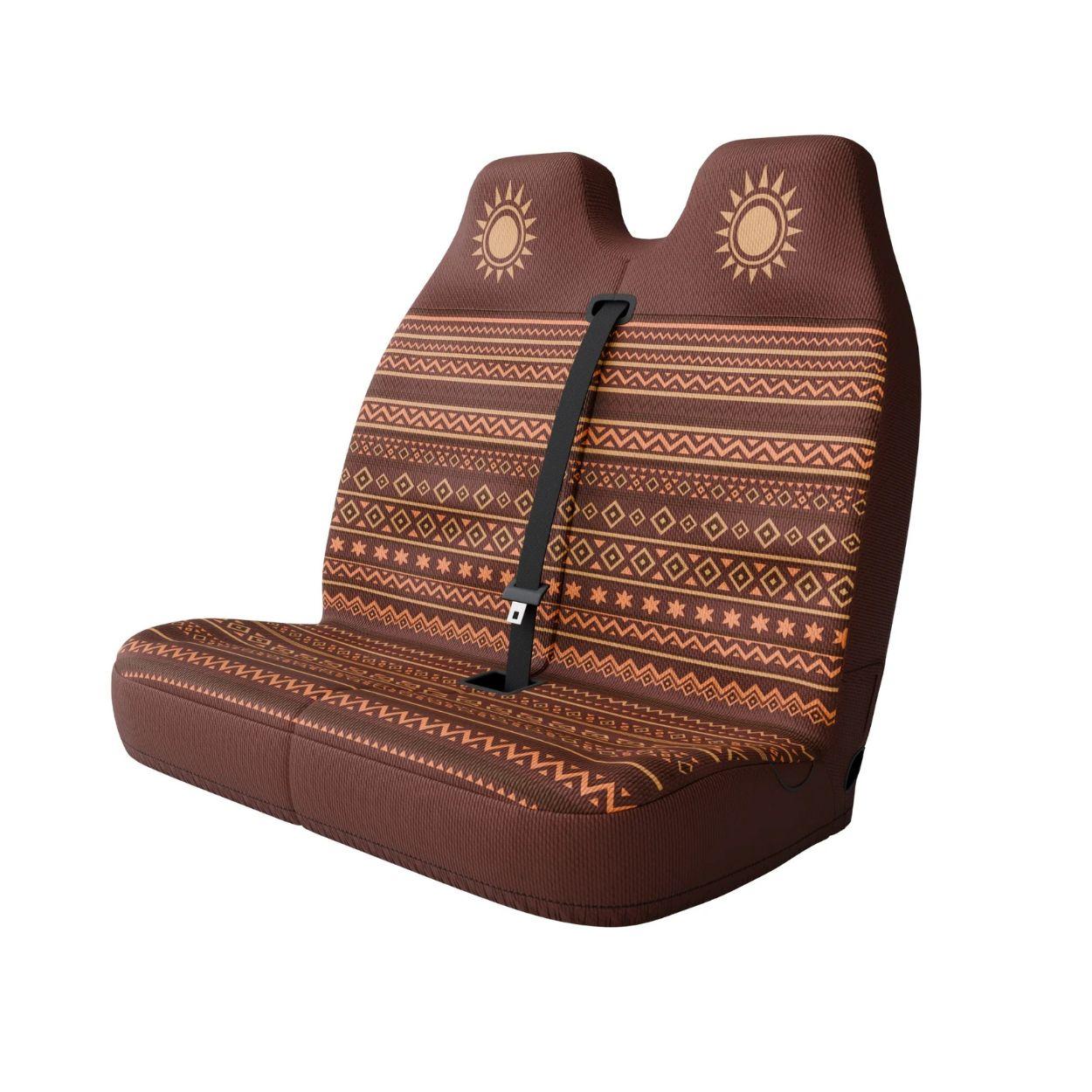Savana double front cover styled in van interior — brown and rust bench seat protection | Solara Covers