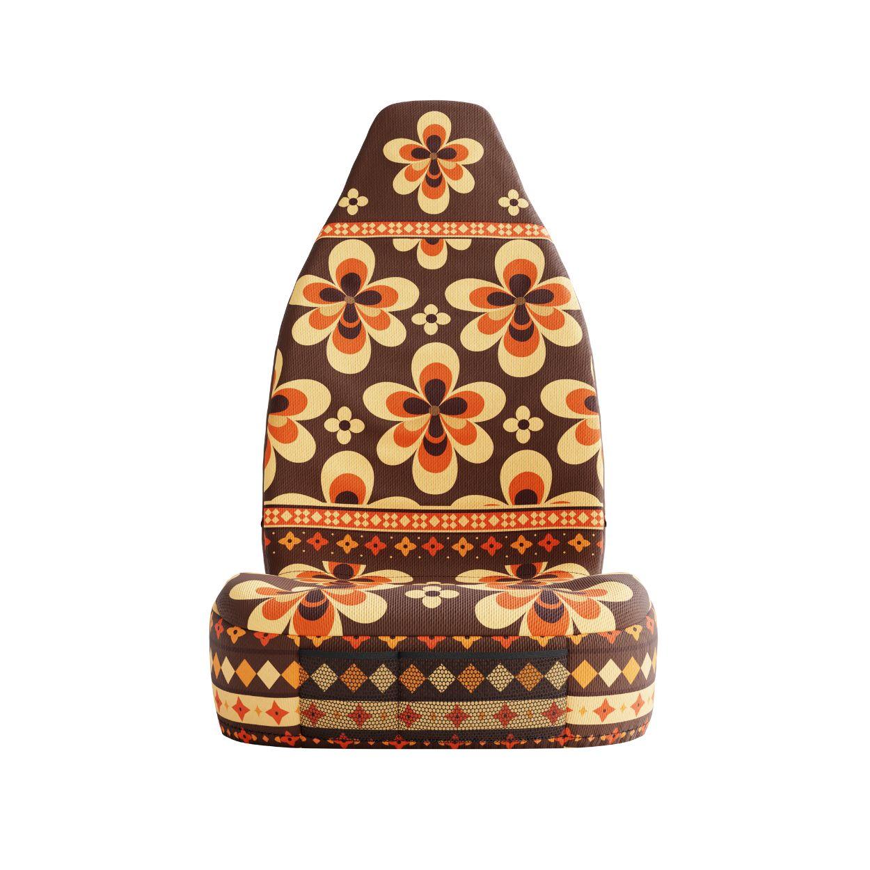 Sedona Aztec seat cover detail showing red geometry and folk-illustrated flowers | Solara Covers