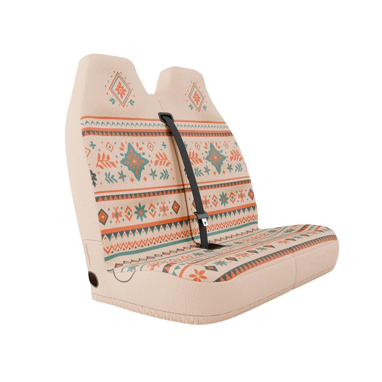 Sierra double front seat cover installed on van bench — cream, red and teal Southwest Aztec print | Solara Covers