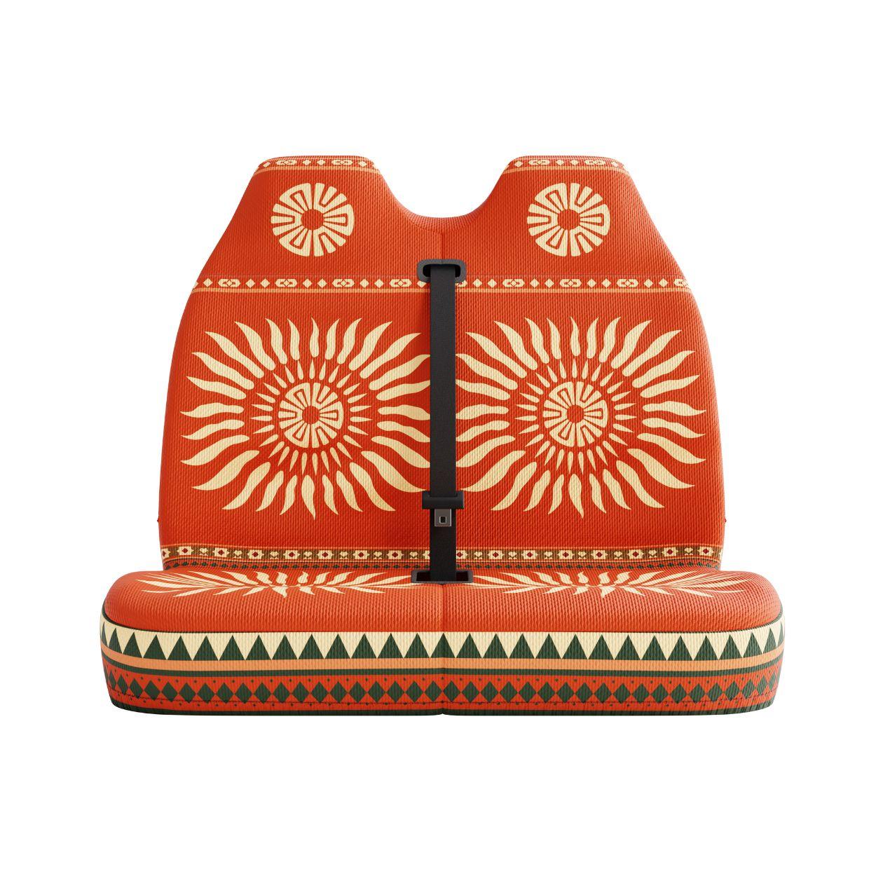 Sol double front seat cover detail showing warm orange and red Aztec pattern | Solara Covers