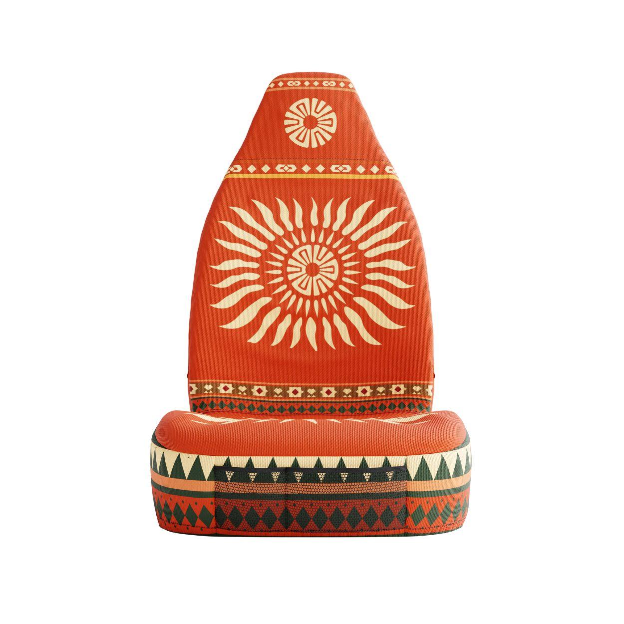 Sol Aztec seat cover detail showing warm orange and red geometric pattern | Solara Covers