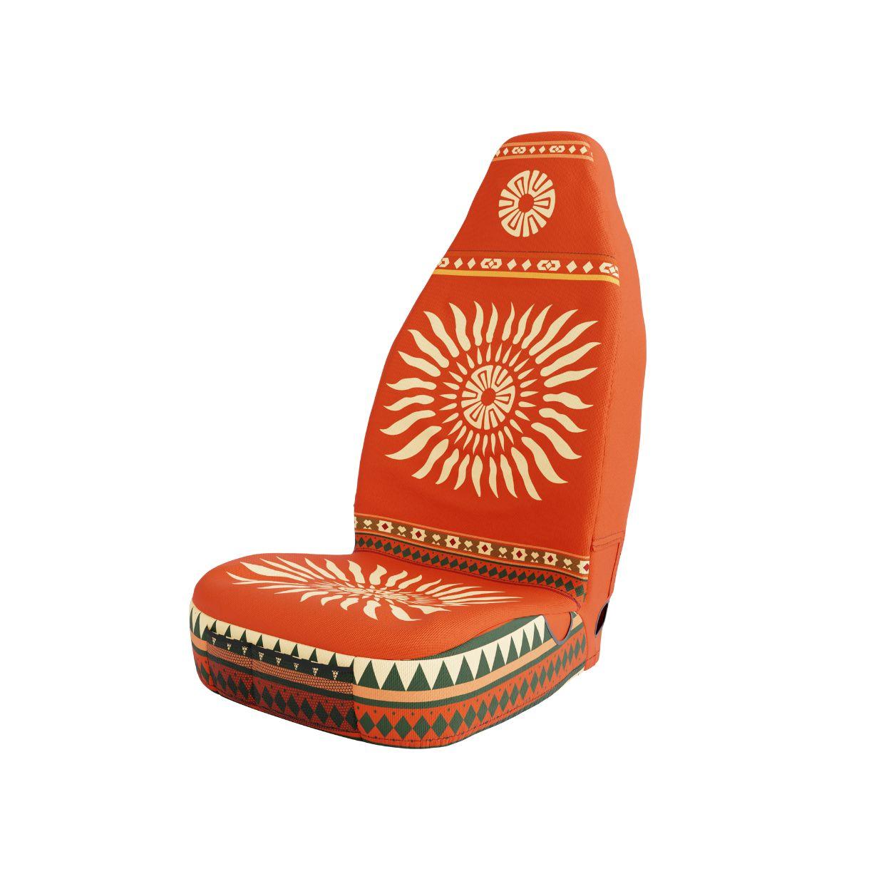 Sol single seat cover by Solara Covers for vans, campers and SUVs — waterproof orange Aztec design