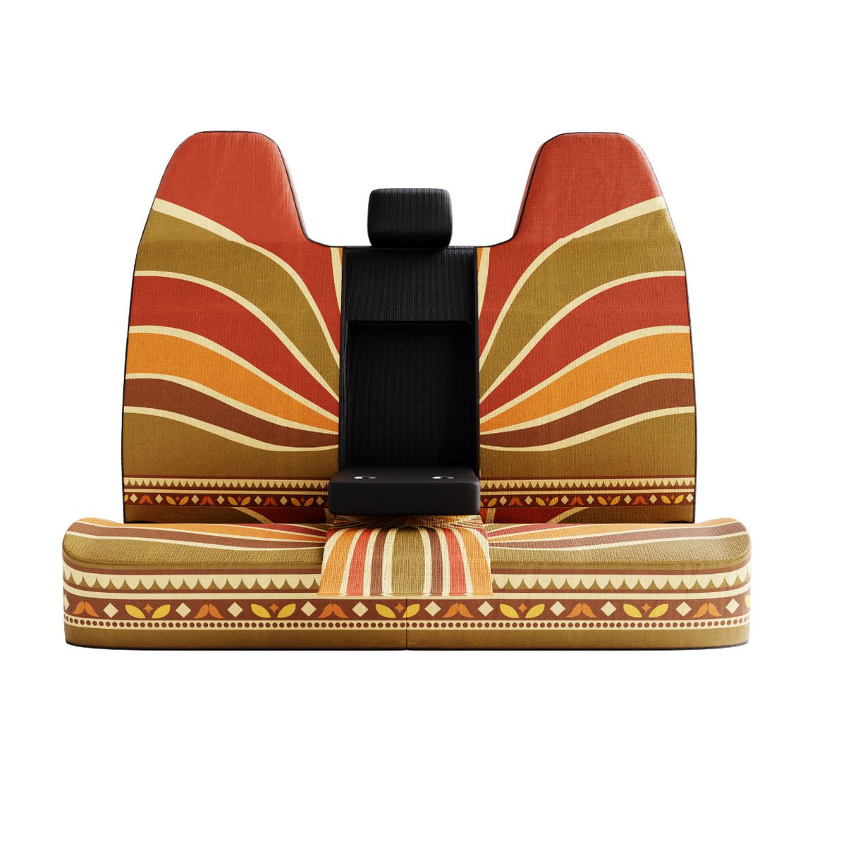 Halo back seat cover with the middle section opened for the fold-down armrest