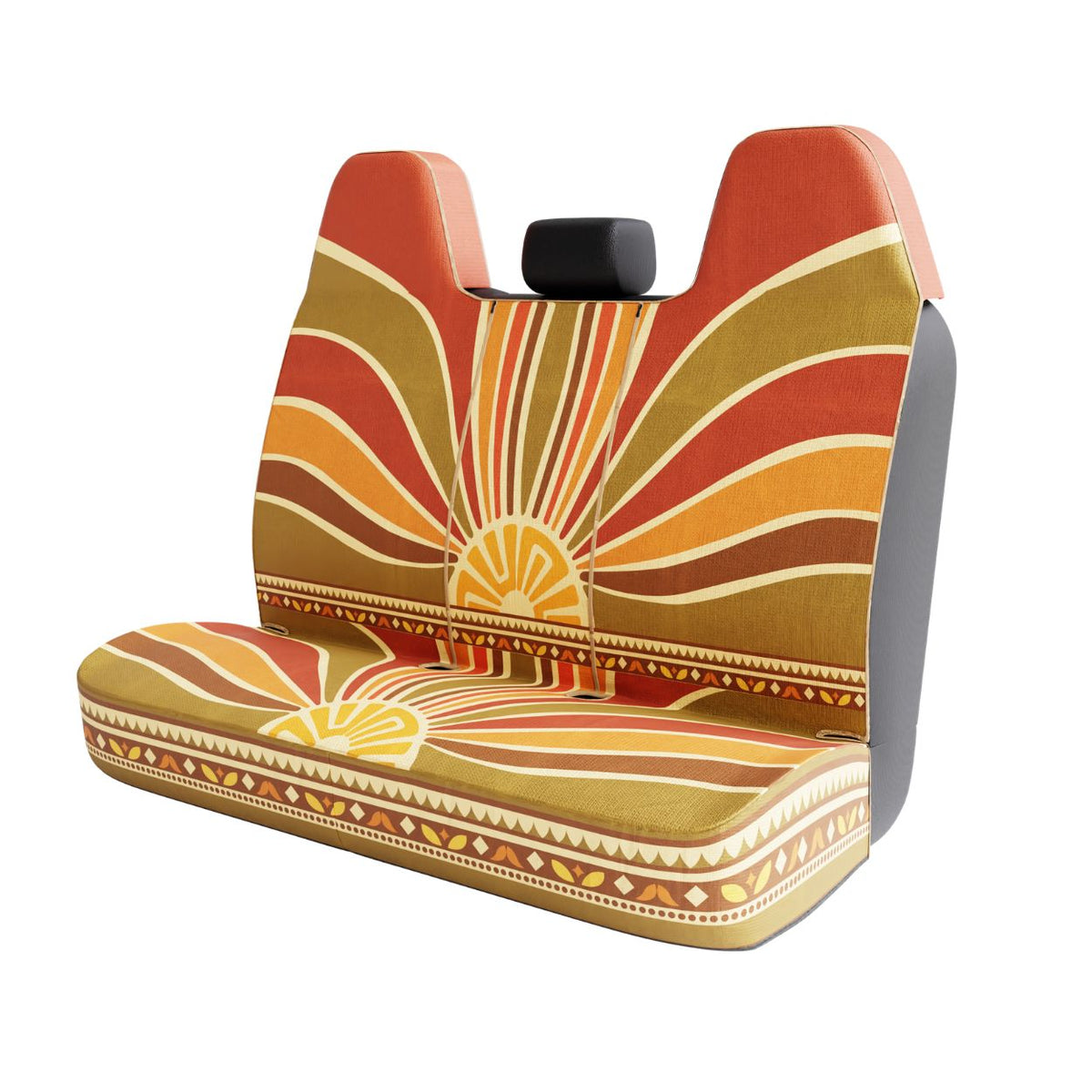 Halo back seat cover angled view — sunset rays across the full back seat