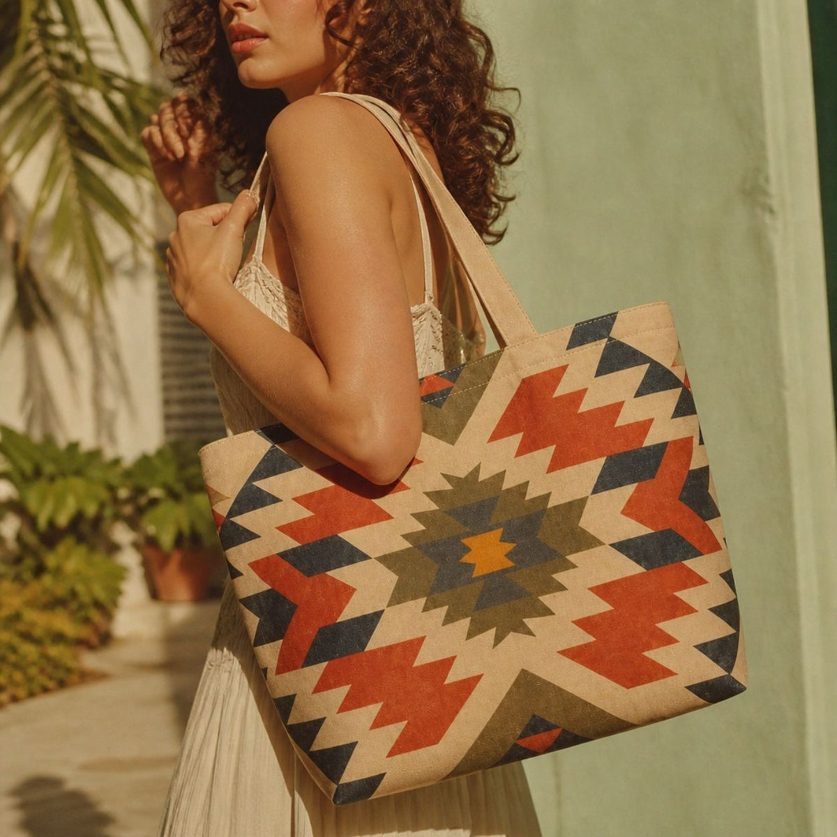 Inca aztec tote bag carried over the shoulder beside a green shutter