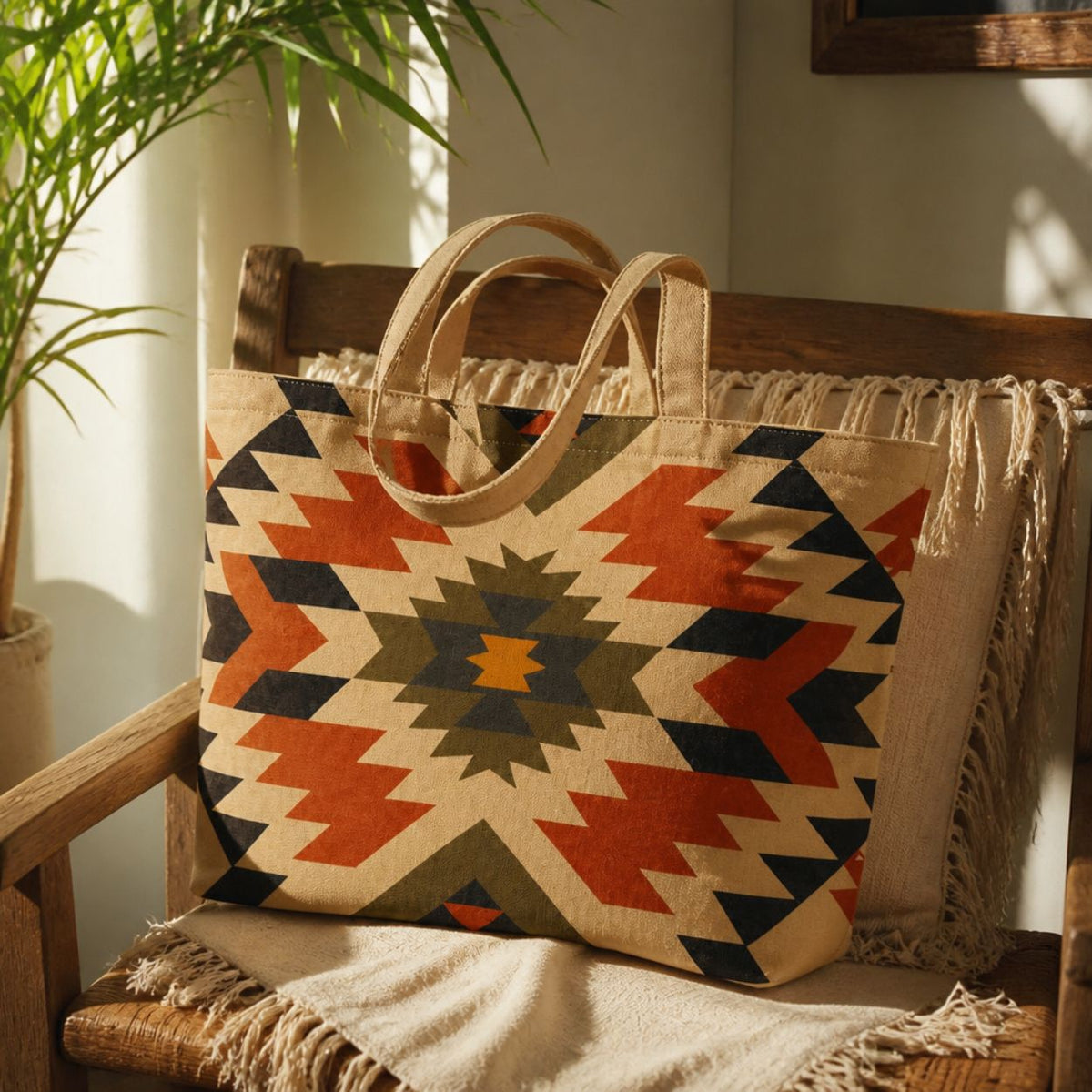 Inca tote bag resting on a wicker chair with a fringed throw