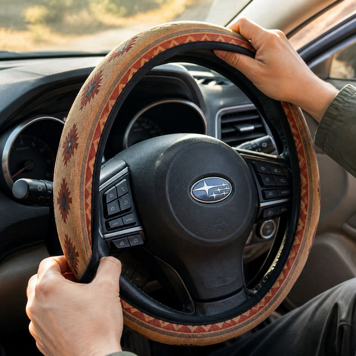 Slipping the Indigo steering wheel cover by Solara onto the steering wheel