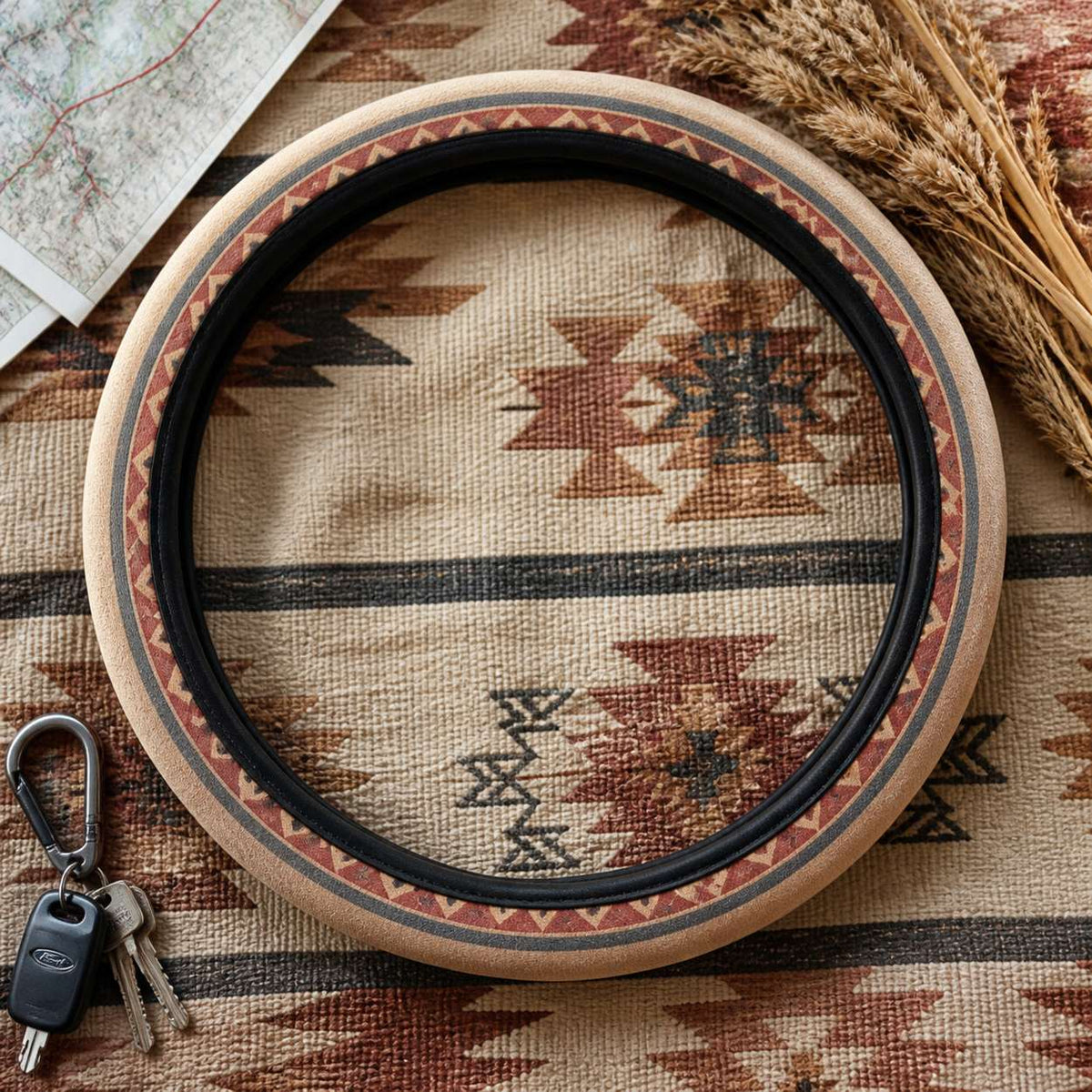 Indigo steering wheel cover by Solara on a woven blanket next to car keys, cream Aztec print, another angle