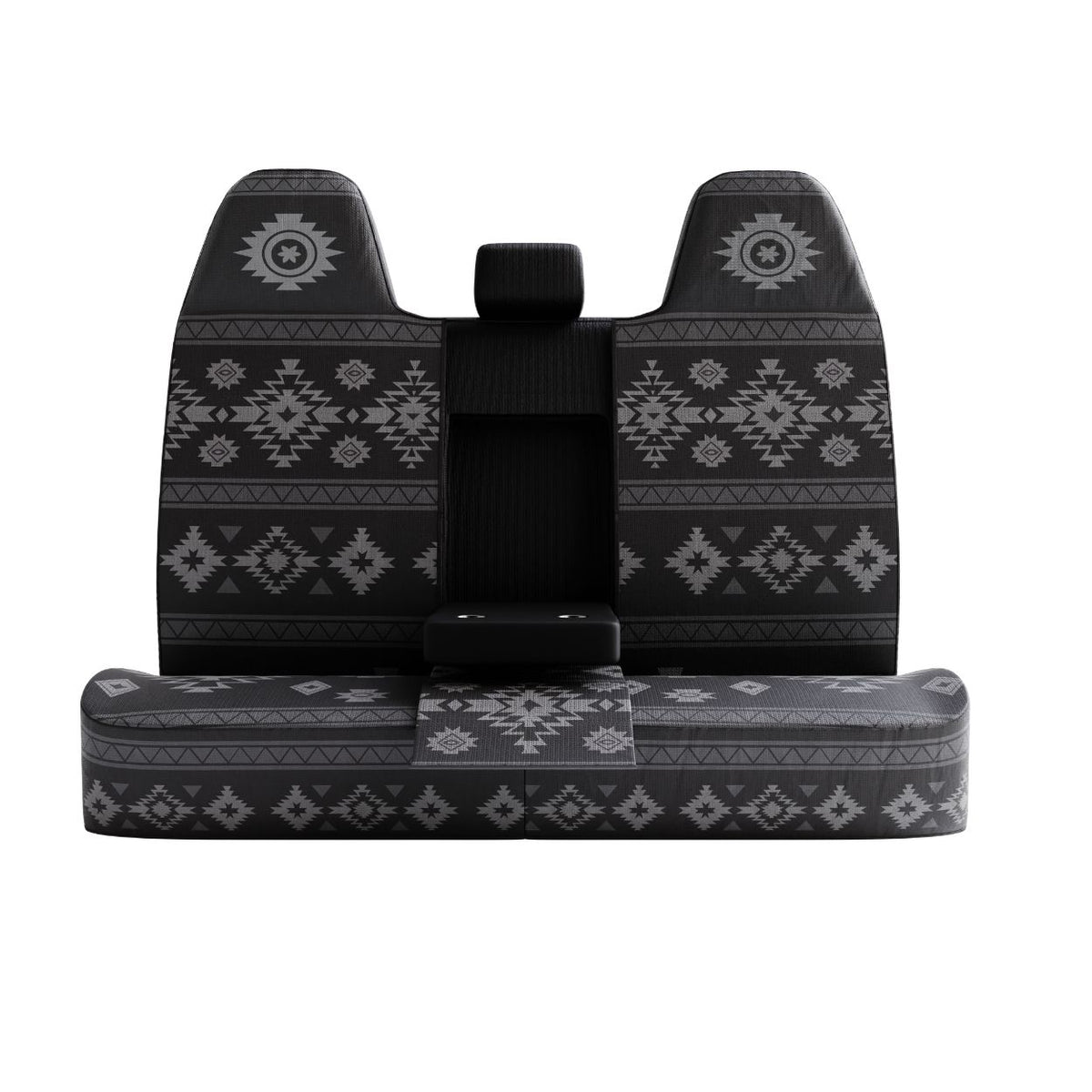 Karma back seat cover with the middle section opened for the fold-down armrest