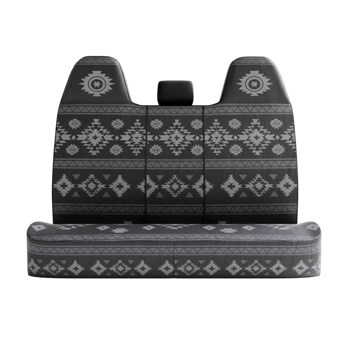 Karma back seat cover (2.5 seats), front view — charcoal grey aztec print
