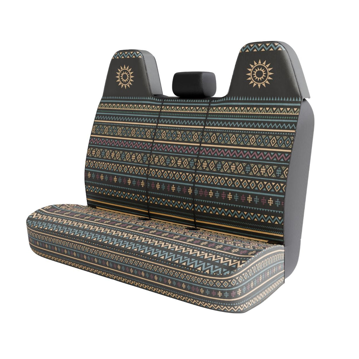 Lima back seat cover angled view — boho stripes across the full back seat