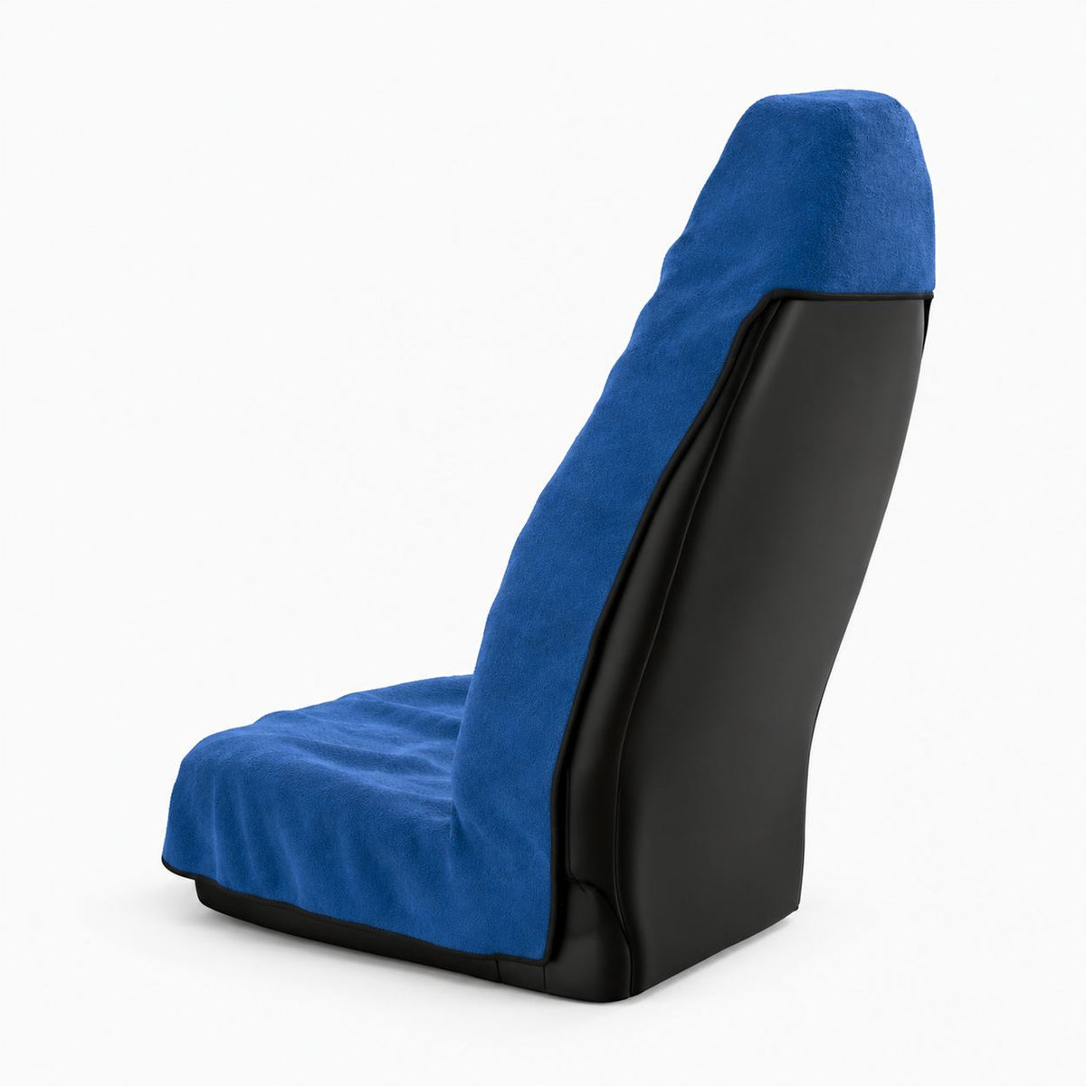 Marina blue car seat towel by Solara, back view: the hood slips over the top of the seat