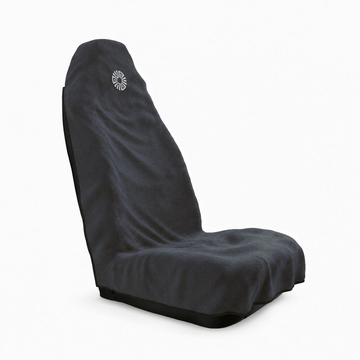 Neblina grey car seat towel by Solara, three-quarter view with the hood pulled over the top of the seat