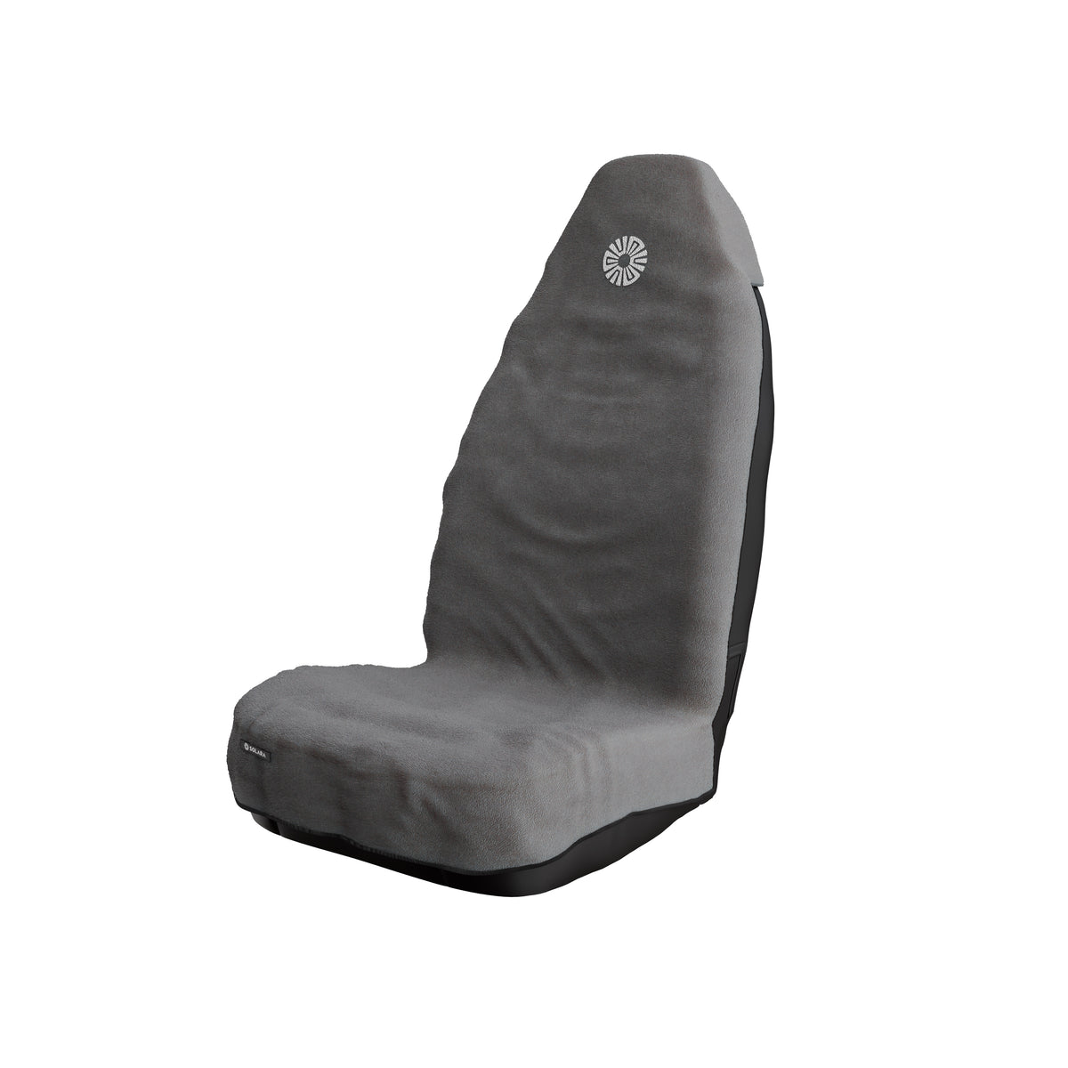 Neblina grey car seat towel by Solara on a front car seat, embroidered sun logo on the headrest