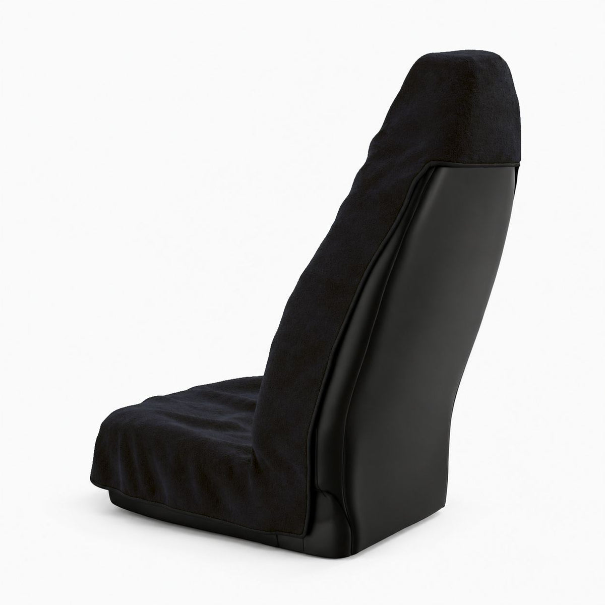 Noche black car seat towel by Solara, back view: the hood slips over the top of the seat