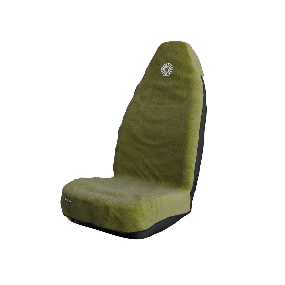 Oliva olive green car seat towel by Solara on a front car seat, embroidered sun logo on the headrest