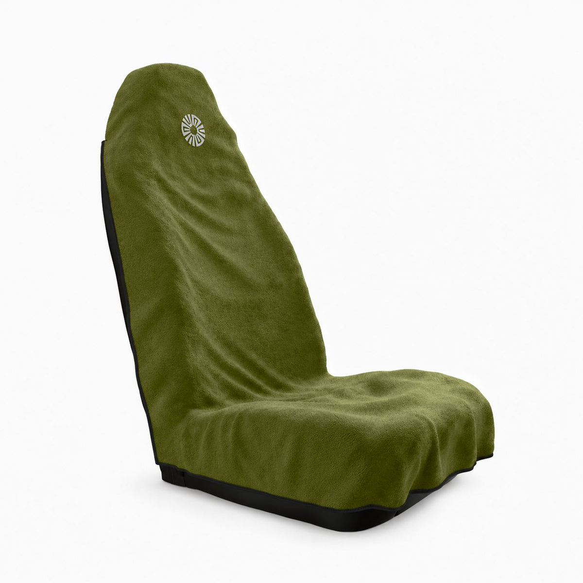 Oliva olive green car seat towel by Solara, three-quarter view with the hood pulled over the top of the seat