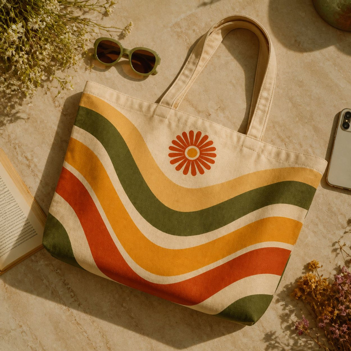 Ripple tote bag flat lay with sunglasses and a book