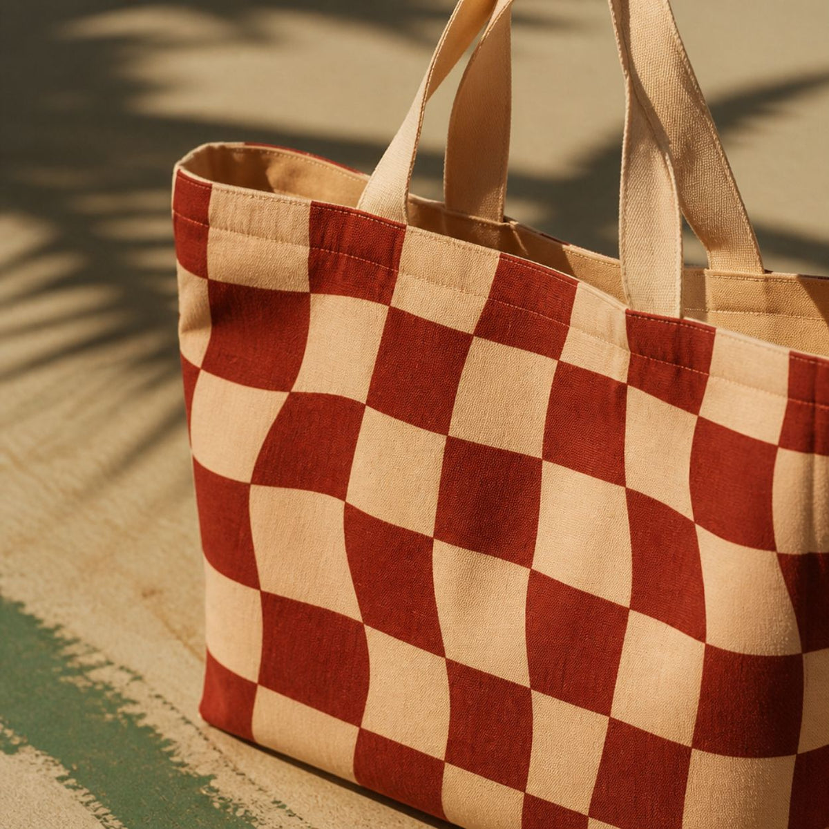 Terra checkerboard tote bag standing on a patio rug