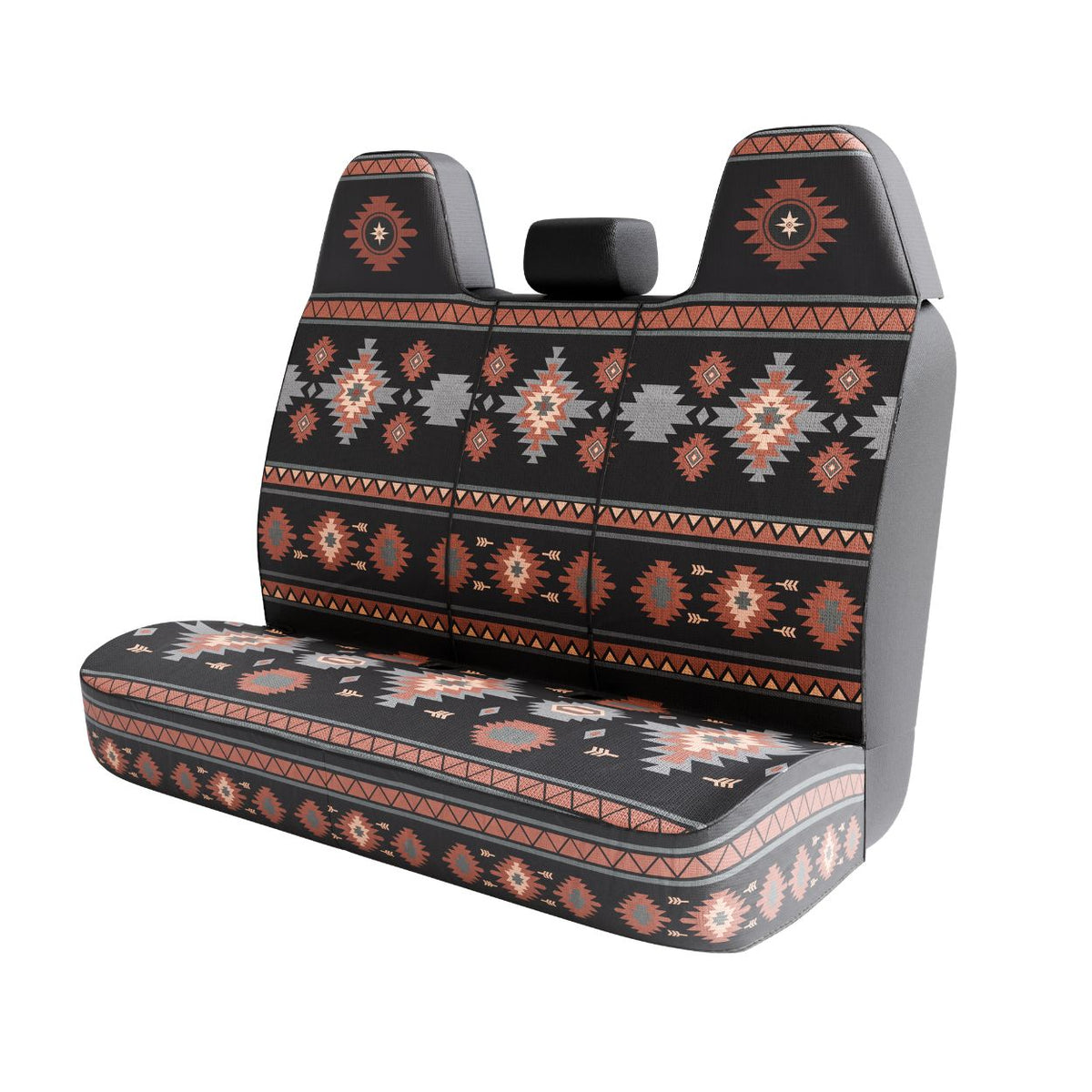 Zara back seat cover angled view — rust aztec print across the full back seat