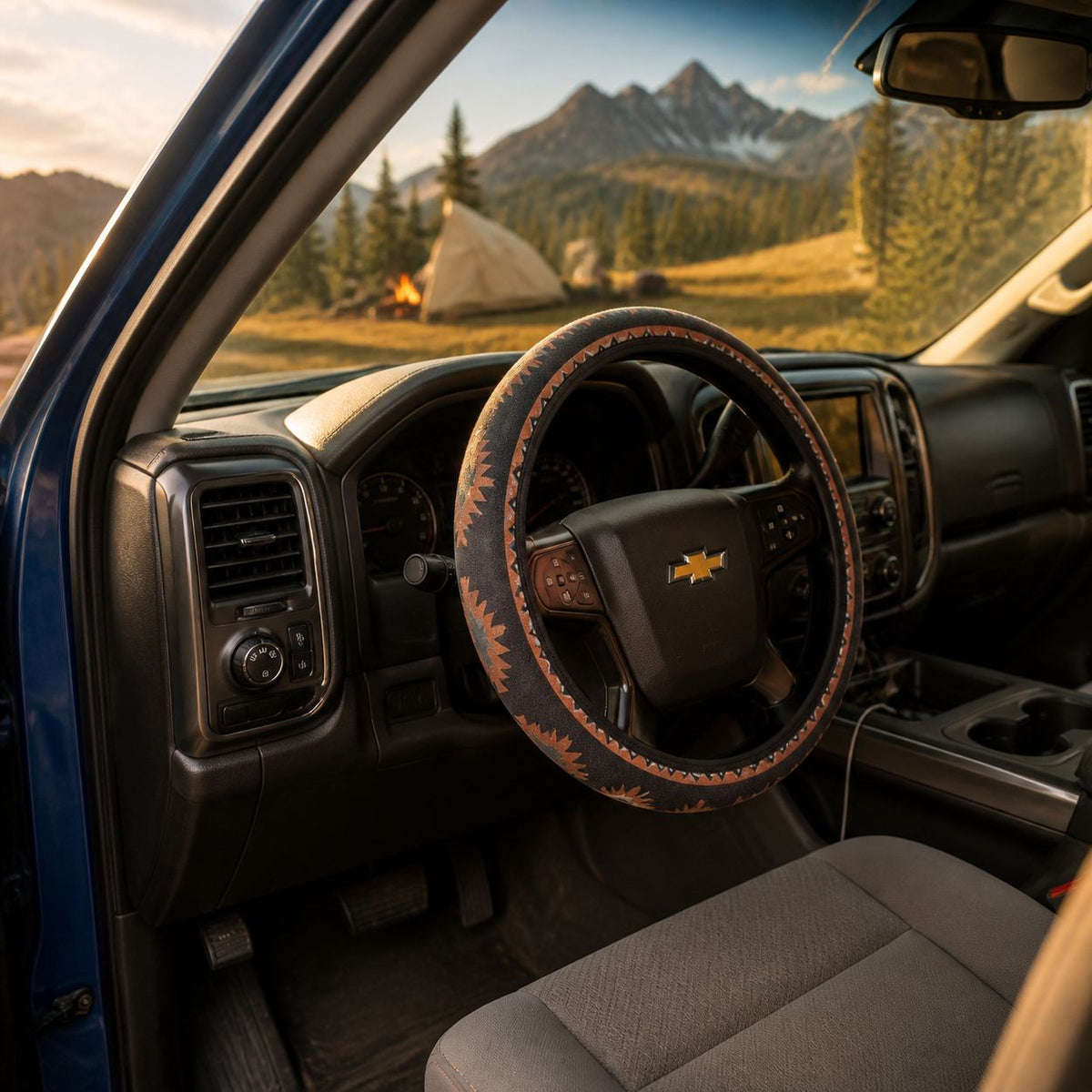 Car cabin through the open door with the Zara steering wheel cover by Solara on the wheel