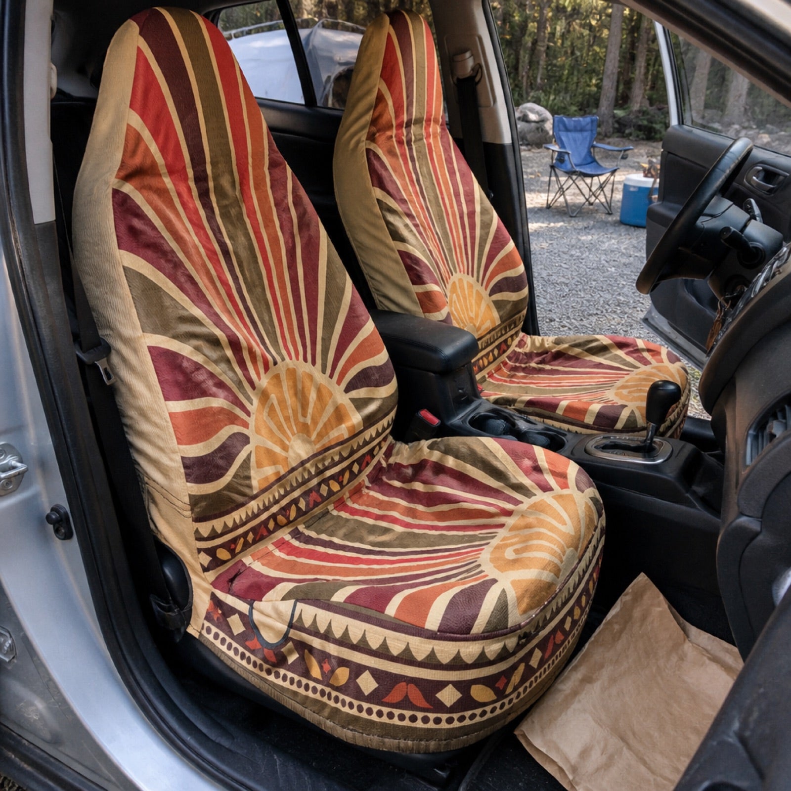 Aesthetic boho seat covers styled on a car's front seats
