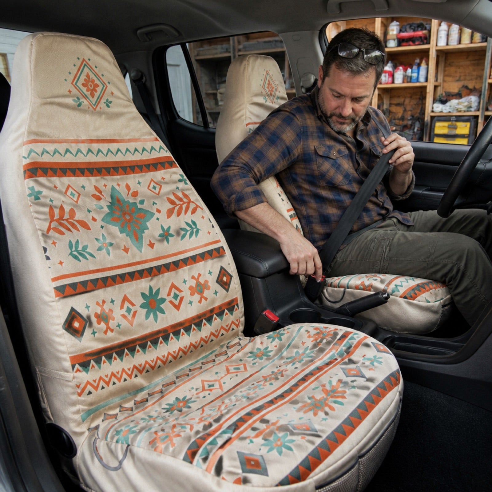 Cream and teal Southwestern seat covers installed in an SUV — universal fit by Solara Covers