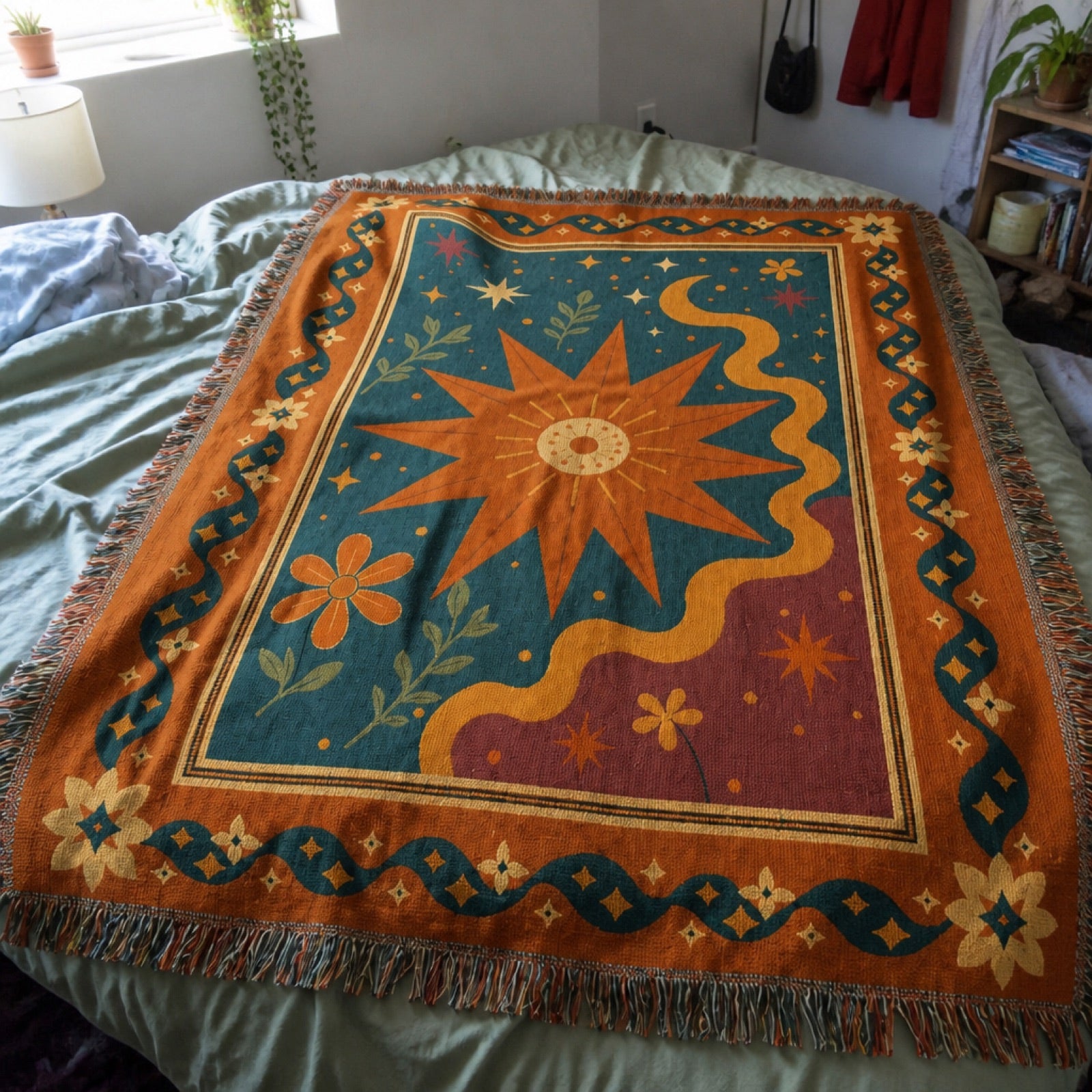 Aztec-pattern woven rug styled indoors