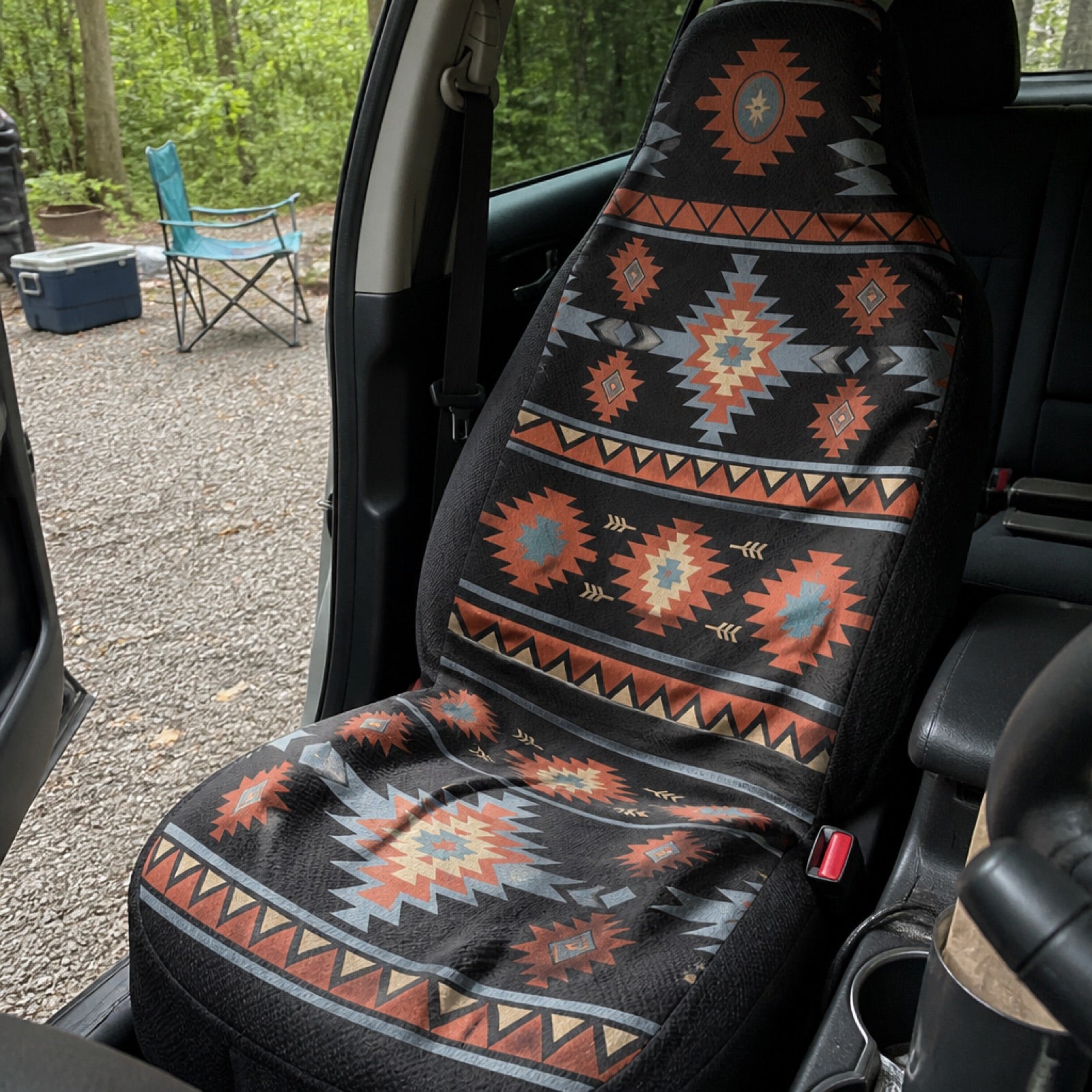 Zara black and orange Aztec seat covers installed in a camper van — Southwestern western print by Solara Covers