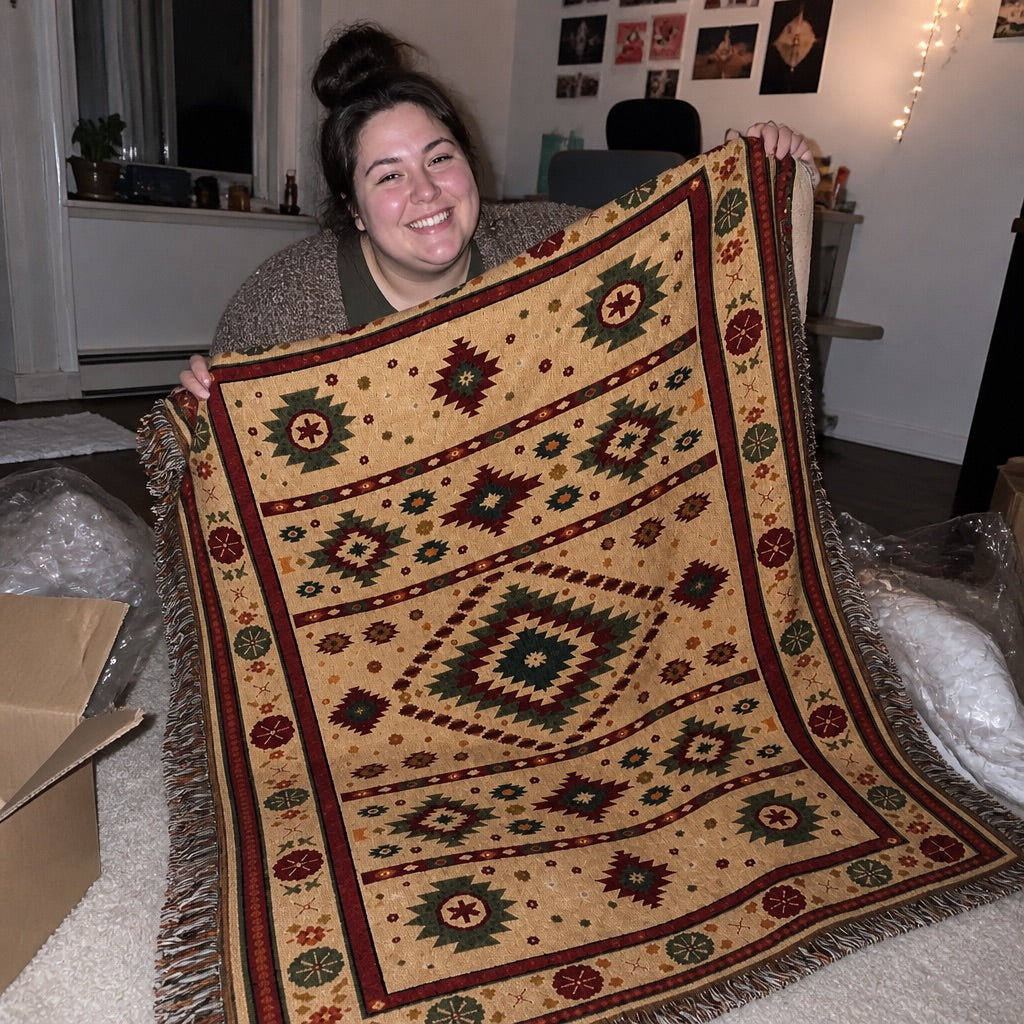Woven boho blanket spread out next to the ocean