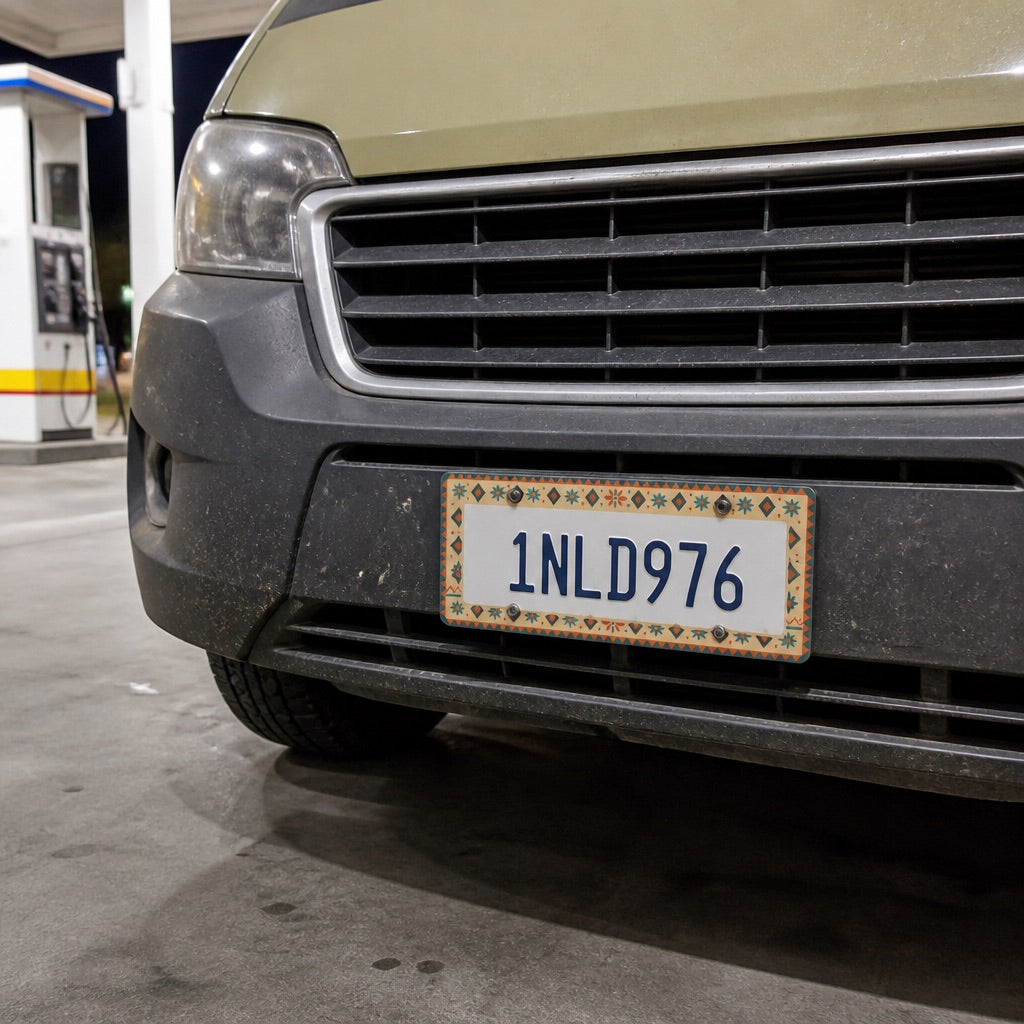 Boho patterned license plate frame on a car