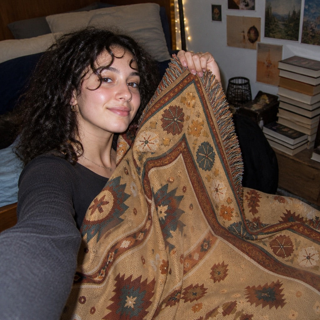 Boho patterned woven blanket styled on a couch