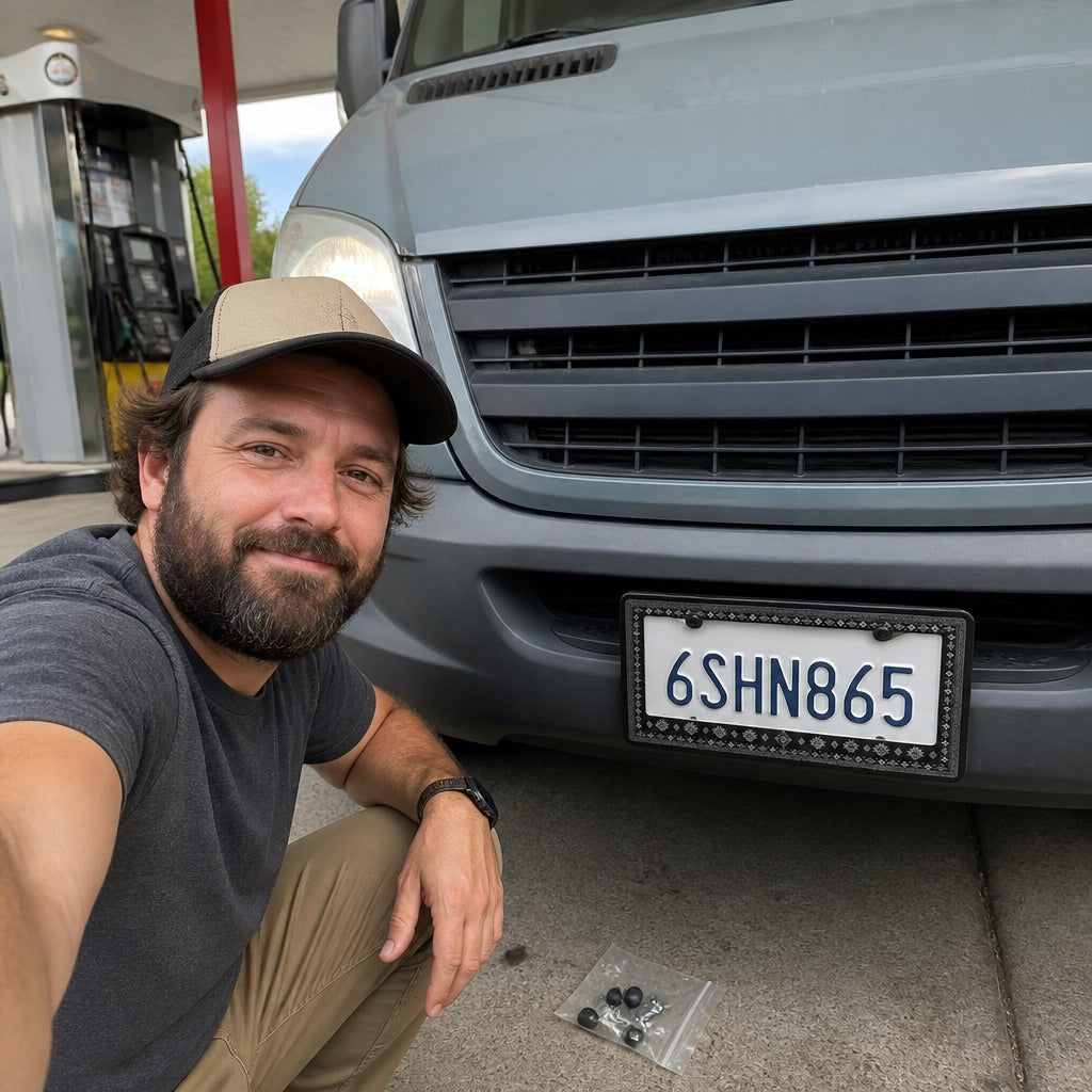 Boho patterned license plate frame held up outdoors