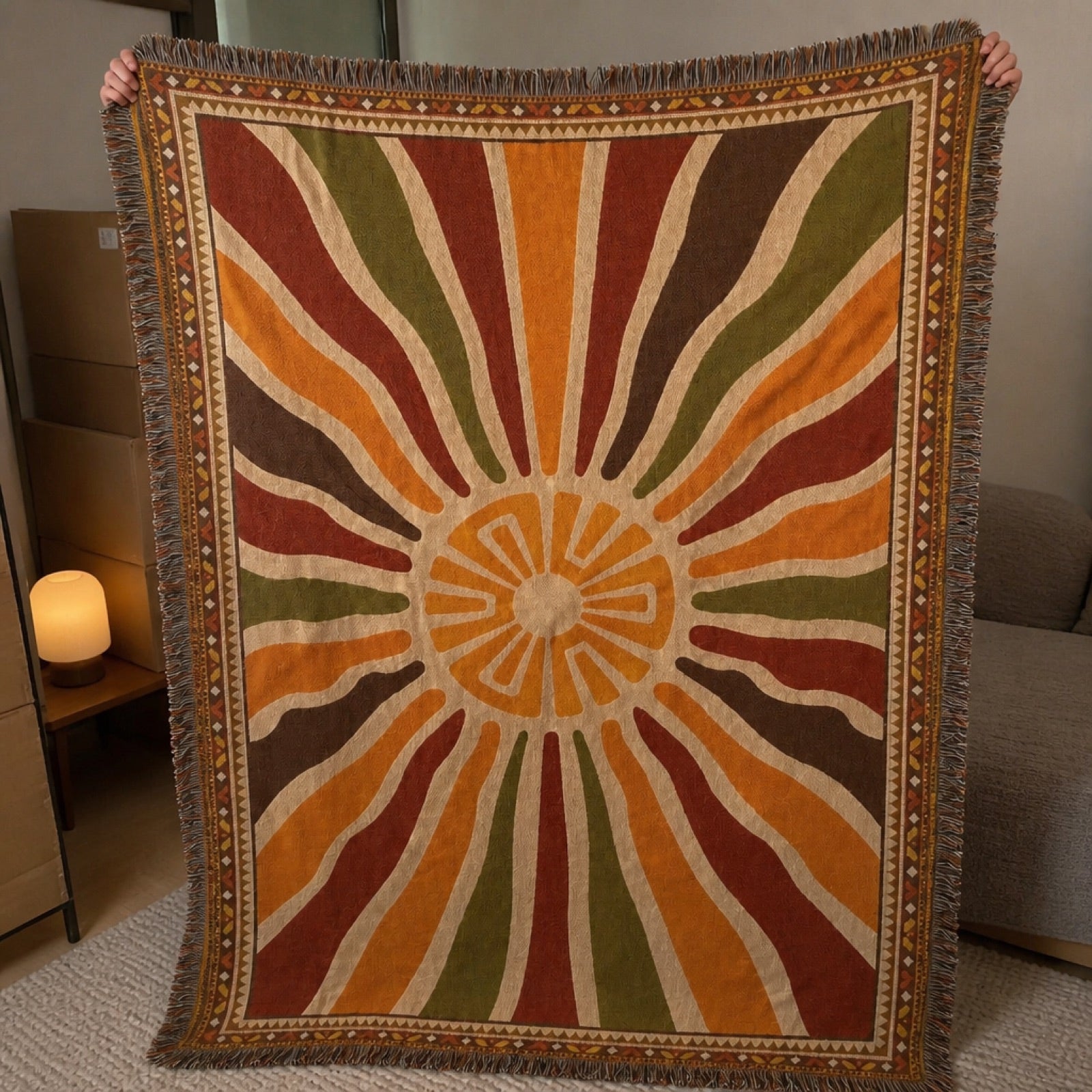 Boho patterned woven rug styled on a floor
