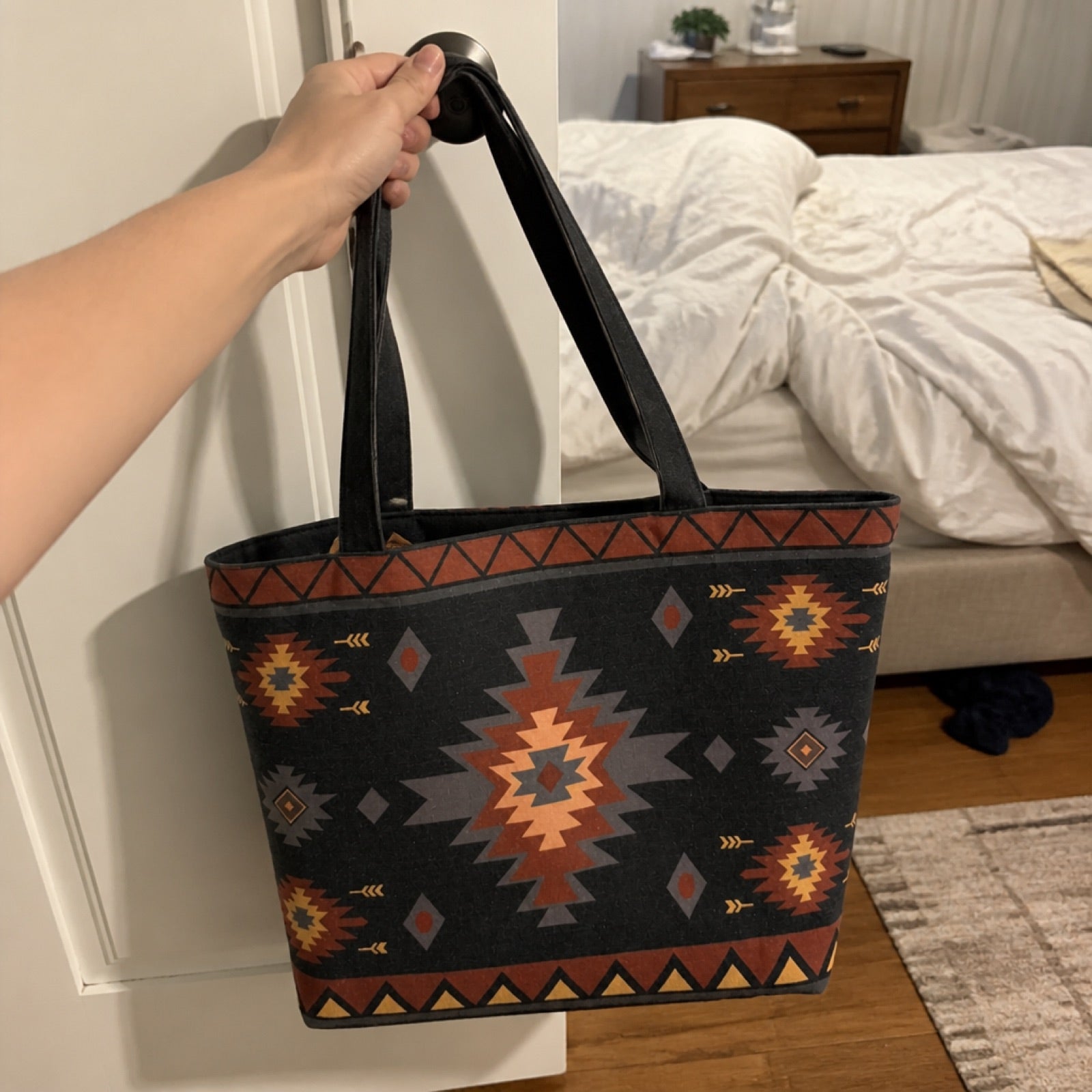 Boho print tote bag styled in a lifestyle photo