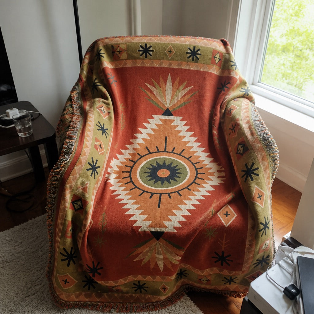 Woven boho blanket displayed as a wall tapestry