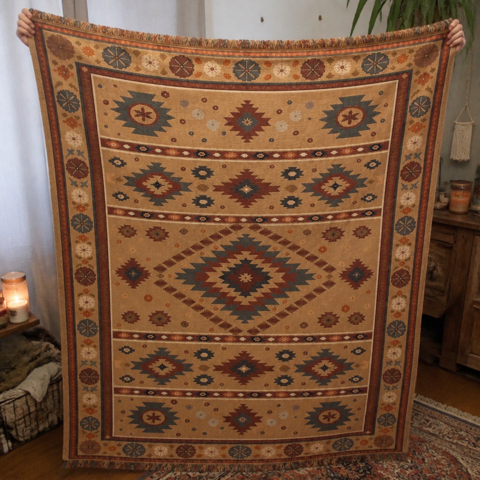 Woven boho blanket used at a campsite