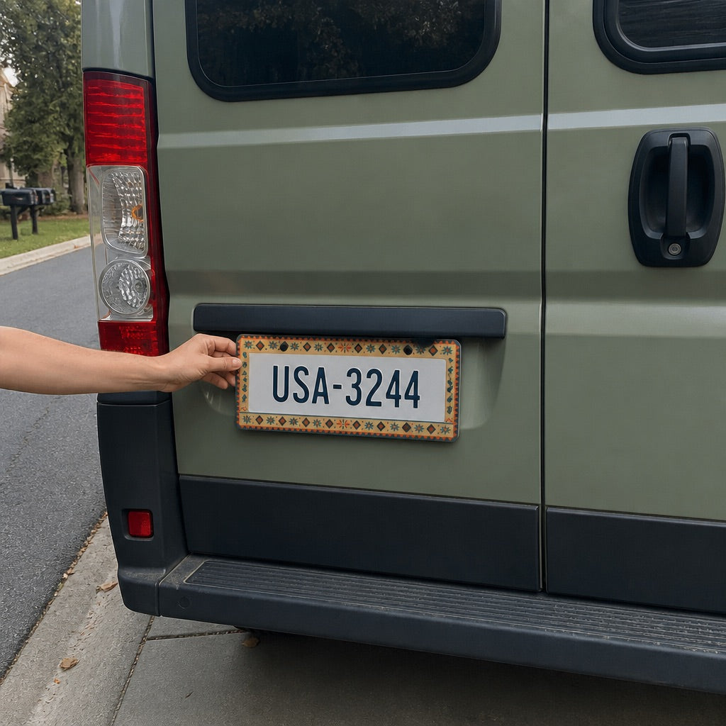 Patterned license plate frame mounted on a car