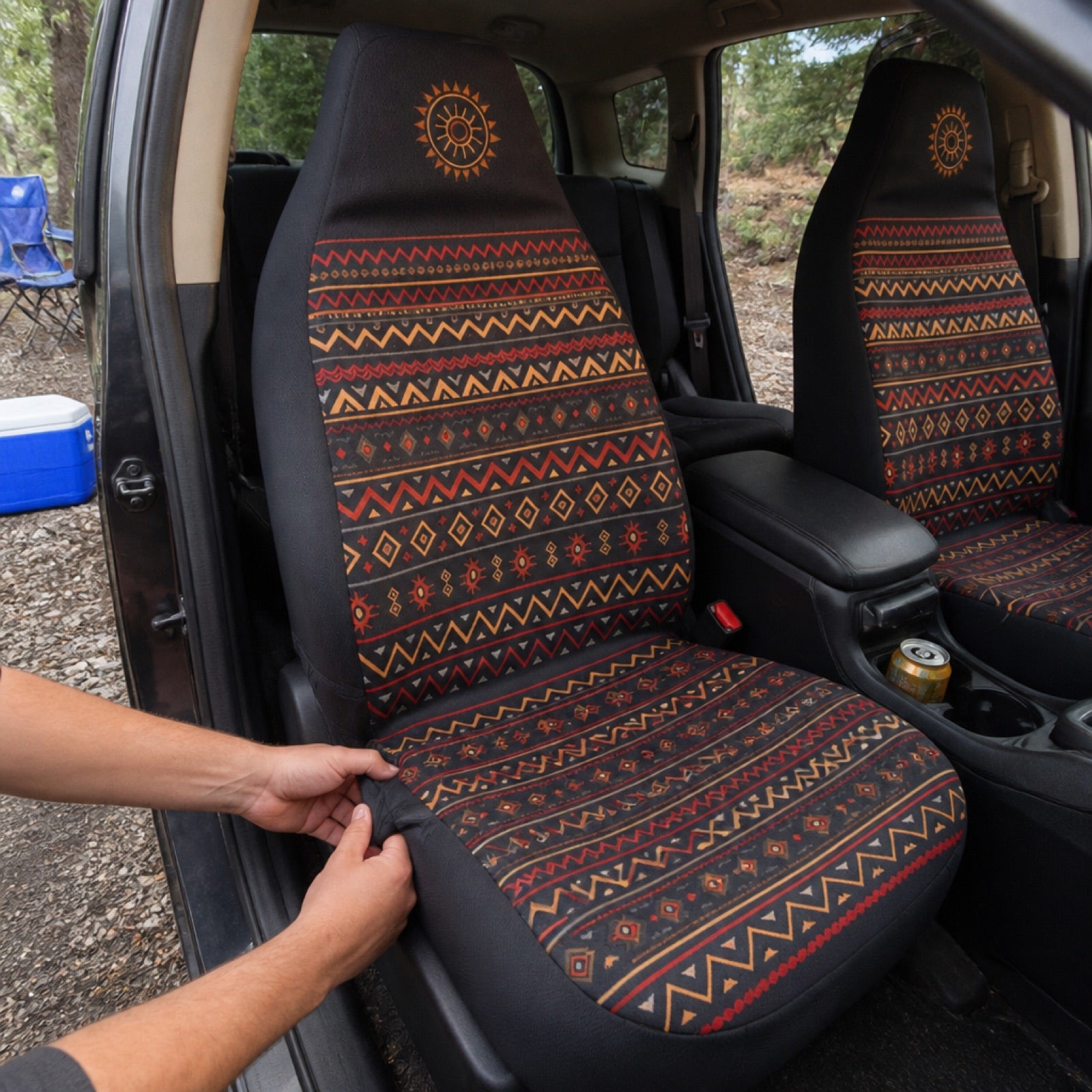 Solara seat covers installed in a car interior with center console armrest