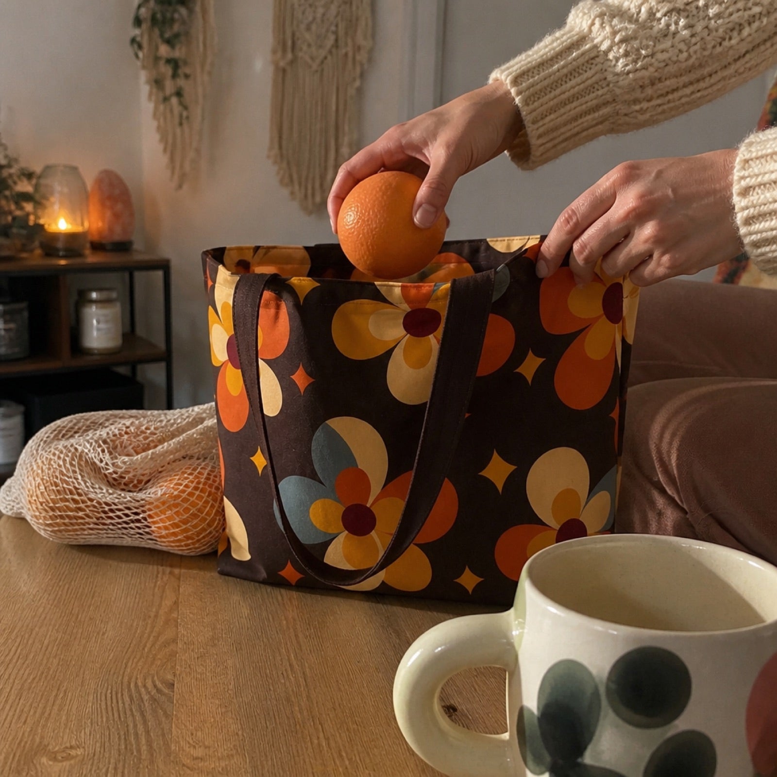 Solara retro floral canvas bag packed with everyday car essentials