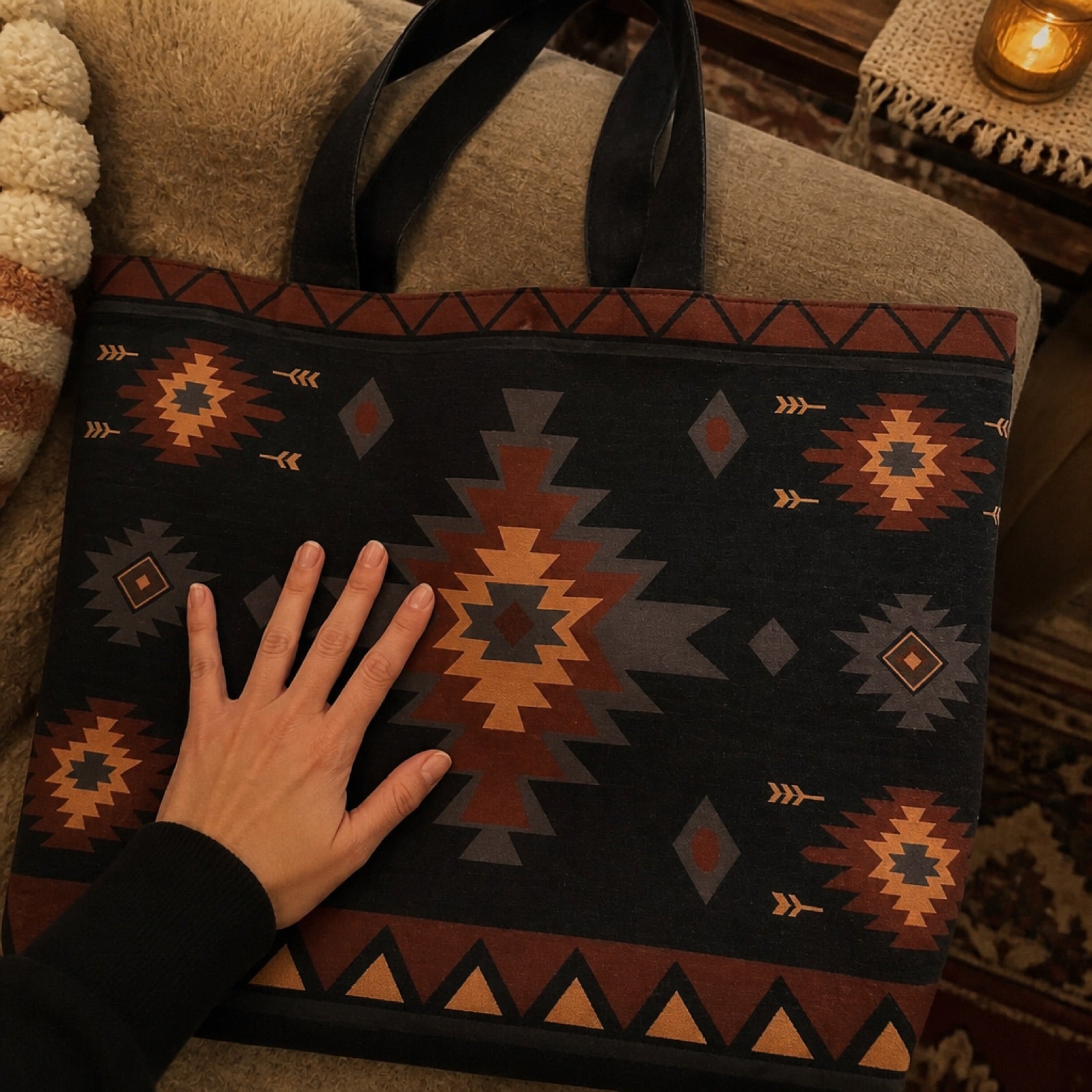 Boho tote bag used to organize items in a car