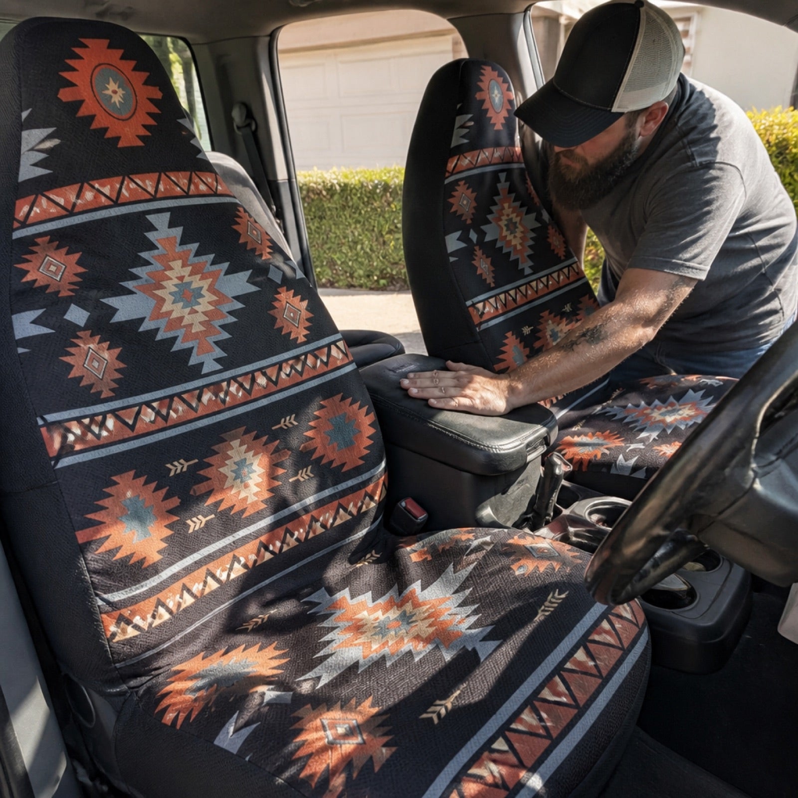 Boho floral seat covers installed on a car's front seats