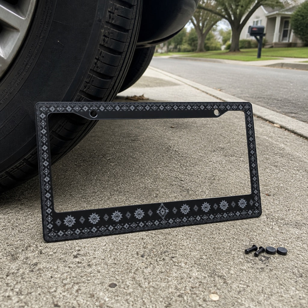 Textured license plate frame mounted on a car